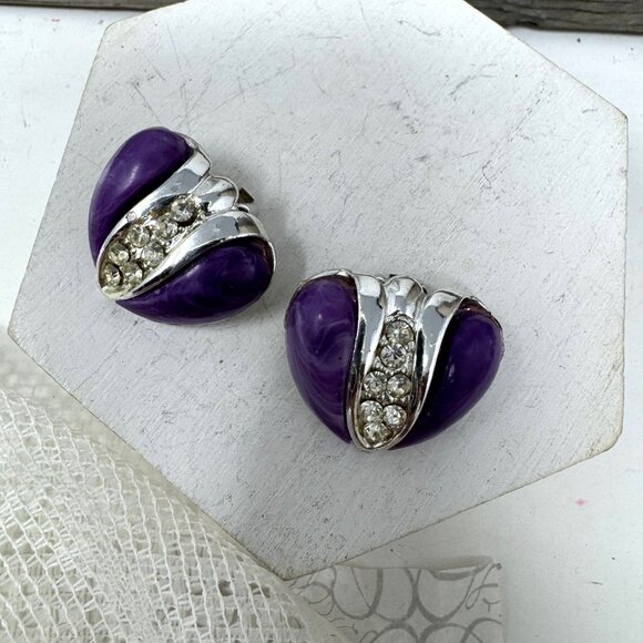 Vintage Purple Rhinestone Clip-On Earrings Silver-Tone Metal Triangle Shape - Picture 2 of 6